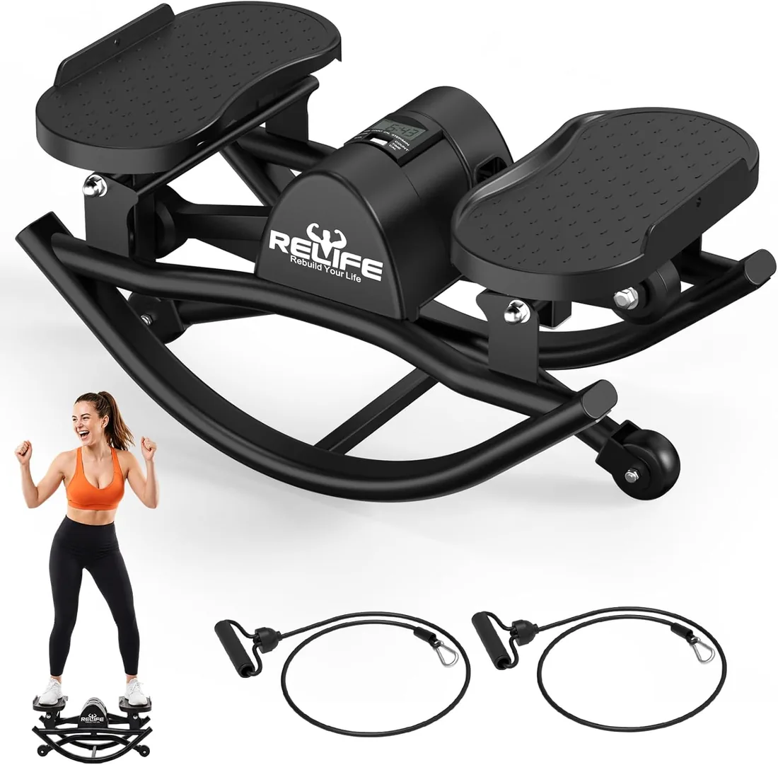 RELIFE REBUILD YOUR LIFE: Stepper oscilante para Uso doméstico. Oscilación Lateral. Movimiento 3D. Ahorra Espacio en casa y en el Piso. Incluye Bandas de Resistencia y Alfombrilla Antideslizante.