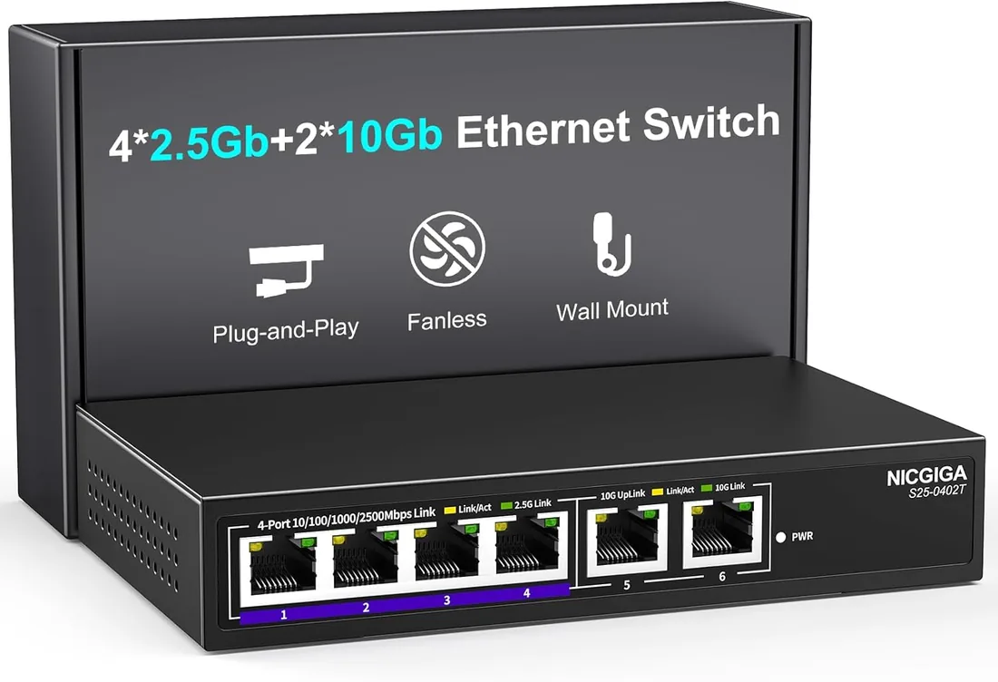 10Gb Ethernet Conmutador no administrado con 2 Puertos 10Gb RJ45 ➕ 4 Puertos 2.5G Base-T. Conmutador de Red NICGIGA de 6 Puertos y 10Gbps para Ap inalámbrico, NAS y PC. foto 3