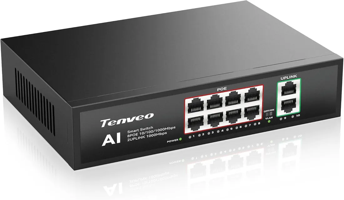 Interruptor Tenveo Power Over Ethernet Switch PoE+ 8 Puertos Gigabit, 120W, 2 Uplink, Gestión Inteligente, VLAN, Carcasa Metálica - Ideal para Cámaras IP, Streaming y Redes Empresariales foto 2