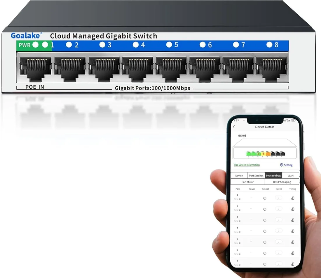 Switch Gigabit de 8 puertos, gestión inteligente fácil, Plug & Play, montaje en escritorio/pared, metal resistente, hub de red doméstica, divisor Ethernet de oficina, funcionamiento silencioso foto 3