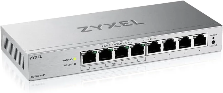 Zyxel Switch Ethernet PoE 8 Puertos | Conmutador Gigabit Gestionable en Web | 4 Puertos PoE+ Budget de 68W | QoS, Link Aggregation, VLAN, IGMP Snooping | Sin Ventilador | De Escritorio [GS1200-8HPv3]