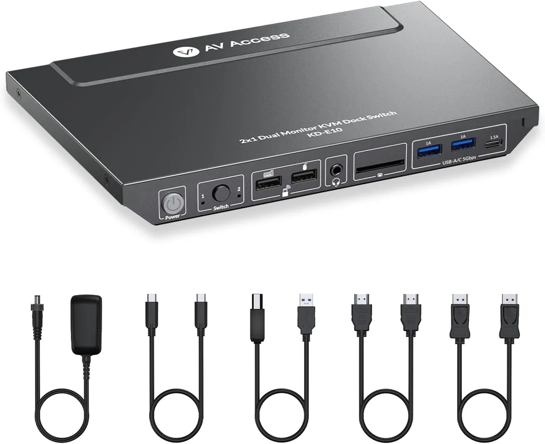 AV Access Conmutador KVM Docking para 2 Monitores 2 PCs, 4K Dual Monitor Laptop/Escritorio, EDID, Ethernet 1G, Carga USB-C 100W, 3 USB 3.0, Ideal Oficina Hogar y Gaming
