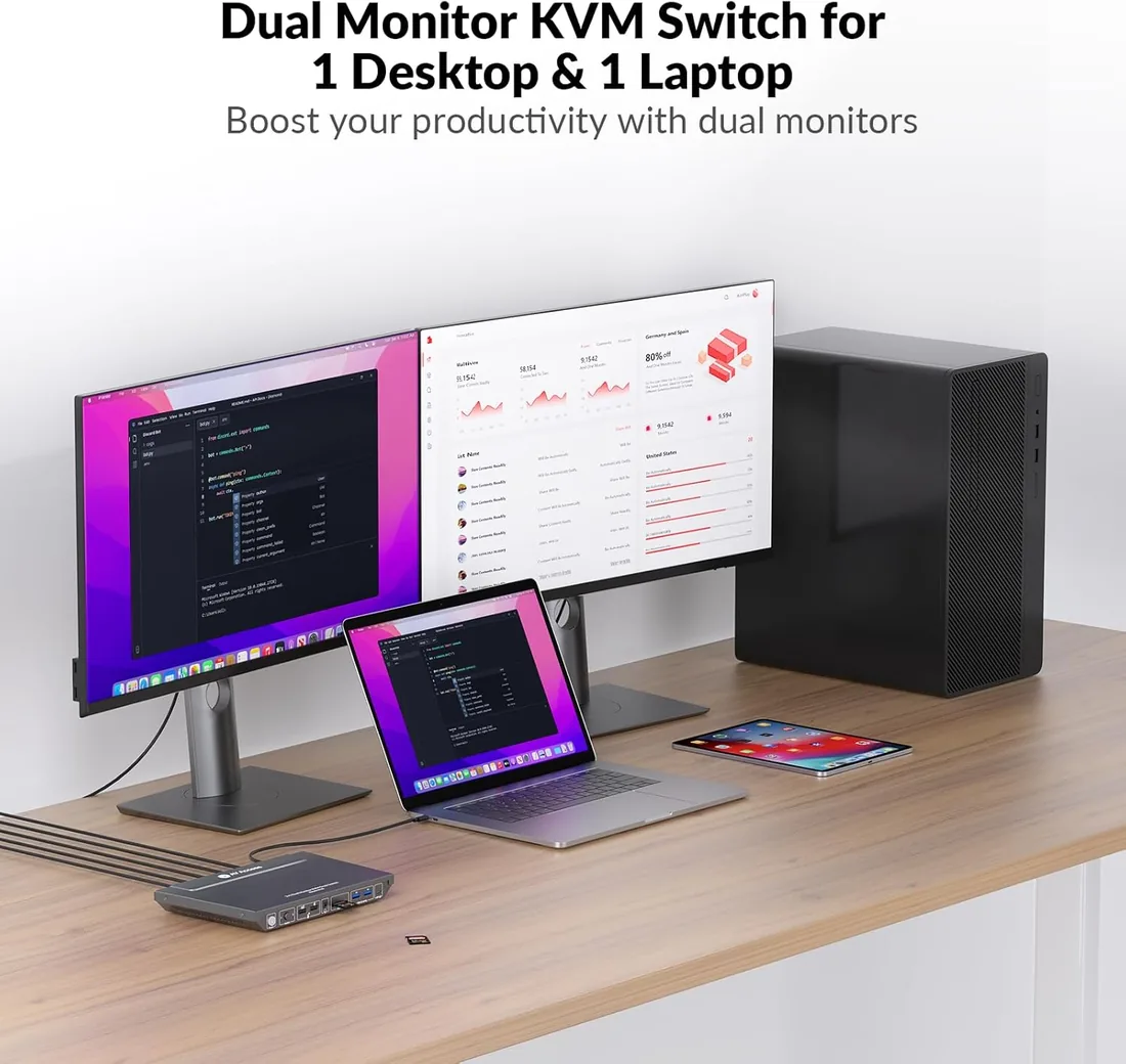 AV Access Conmutador KVM Docking para 2 Monitores 2 PCs, 4K Dual Monitor Laptop/Escritorio, EDID, Ethernet 1G, Carga USB-C 100W, 3 USB 3.0, Ideal Oficina Hogar y Gaming foto 2