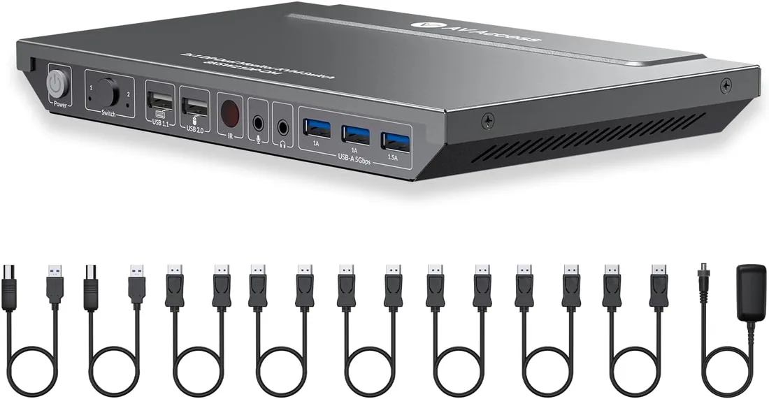 AV Access KVM Switch 2 Ordenadores 2 Monitores DisplayPort 8K@60Hz 4K@165hz/144hz,DP KVM Switch Monitores Duales con Puertos USB 3.0, Salida de Audio IR Remoto, con Todos los Cables