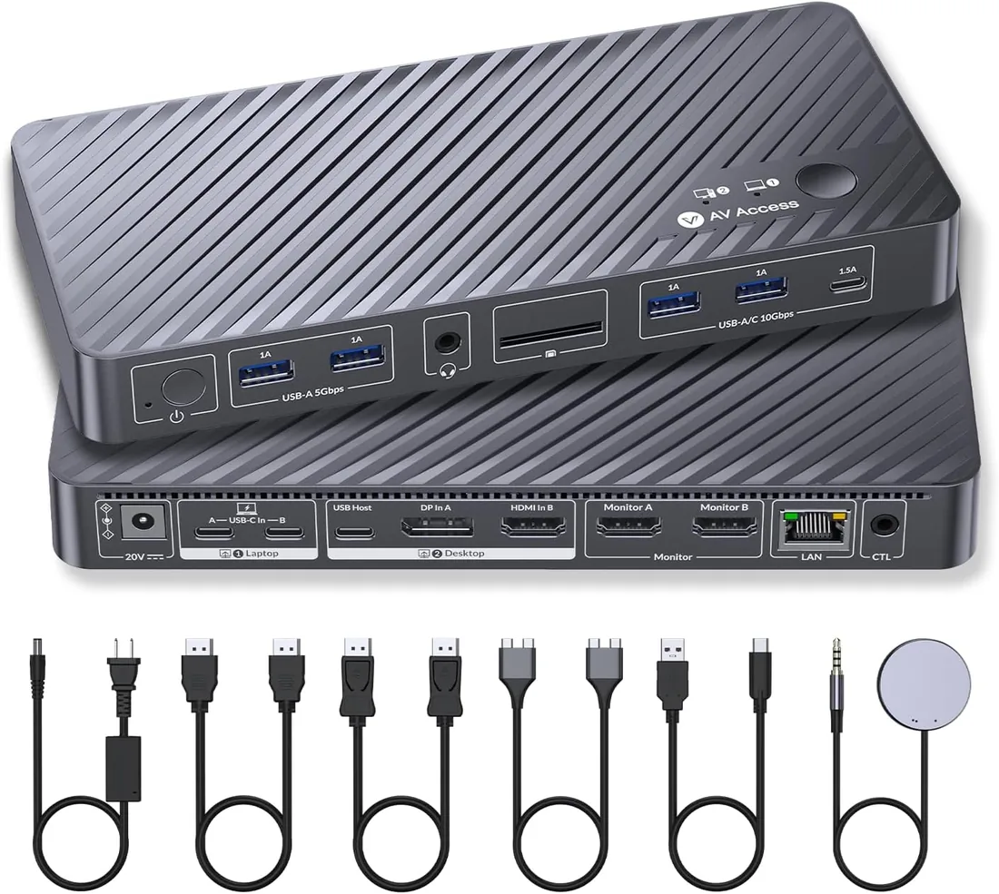 AV Access KVM Switch Docking Station for MacBook, USB C KVM Switch 2 Monitors 2 Computers, 4K Dual HDMI Displays, 1 Laptop&1 Desktop Switching, Plug&Play, Ethernet, 100W Power Delivery, EDID Emulation