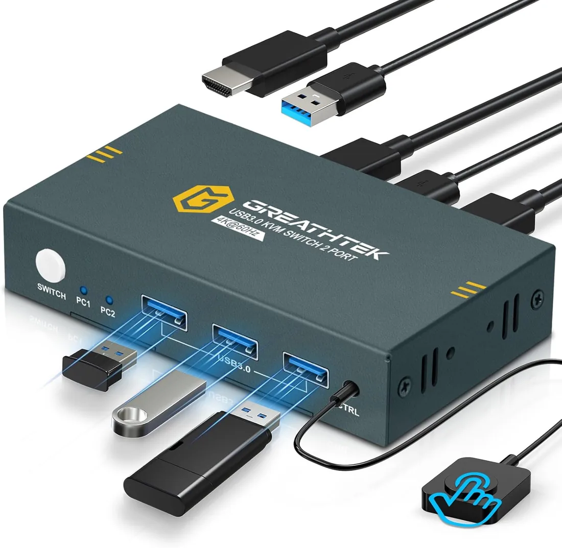 GREATHTEK Conmutador KVM HDMI USB 3.0 4K@60Hz, KVM Switch 2 PC 1 Monitor | 4 Puertos USB 3.0 para Compartir Teclado, Ratón e Impresora, Plug & Play, Función EDID，Home Office, Trading y Multitarea