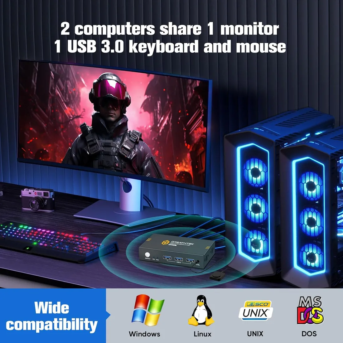GREATHTEK Conmutador KVM HDMI USB 3.0 4K@60Hz, KVM Switch 2 PC 1 Monitor | 4 Puertos USB 3.0 para Compartir Teclado, Ratón e Impresora, Plug & Play, Función EDID，Home Office, Trading y Multitarea foto 2