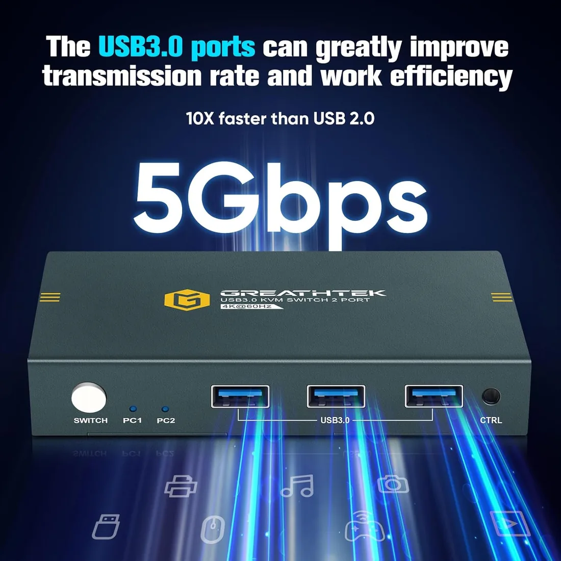 GREATHTEK Conmutador KVM HDMI USB 3.0 4K@60Hz, KVM Switch 2 PC 1 Monitor | 4 Puertos USB 3.0 para Compartir Teclado, Ratón e Impresora, Plug & Play, Función EDID，Home Office, Trading y Multitarea foto 3