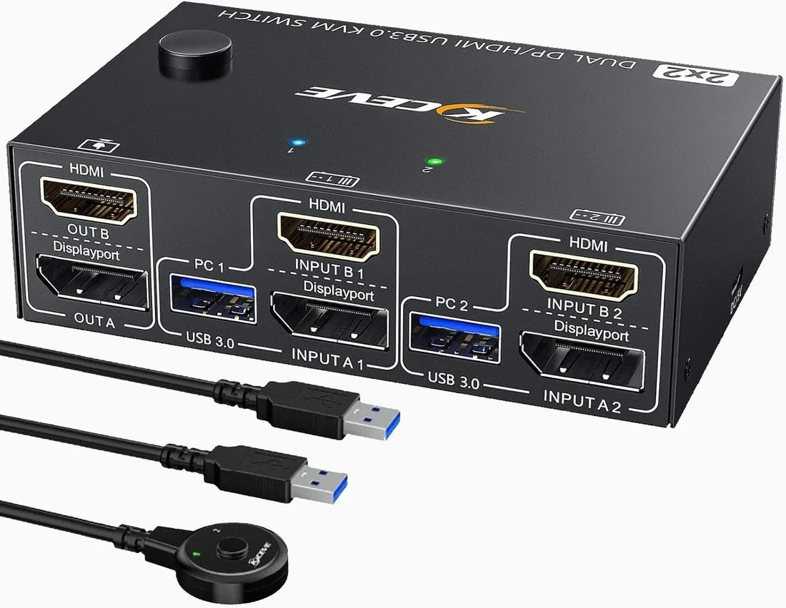 HDMI Displayport KVM Switch 2 PC 2 monitores 4K@60Hz, 2 Monitor KVM Switch Para 2 Ordenadores Comparten 2 Monitores y 4 Dispositivos USB 3.0, Conmutador KVM 2 Monitores con Control Remoto y Cable USB