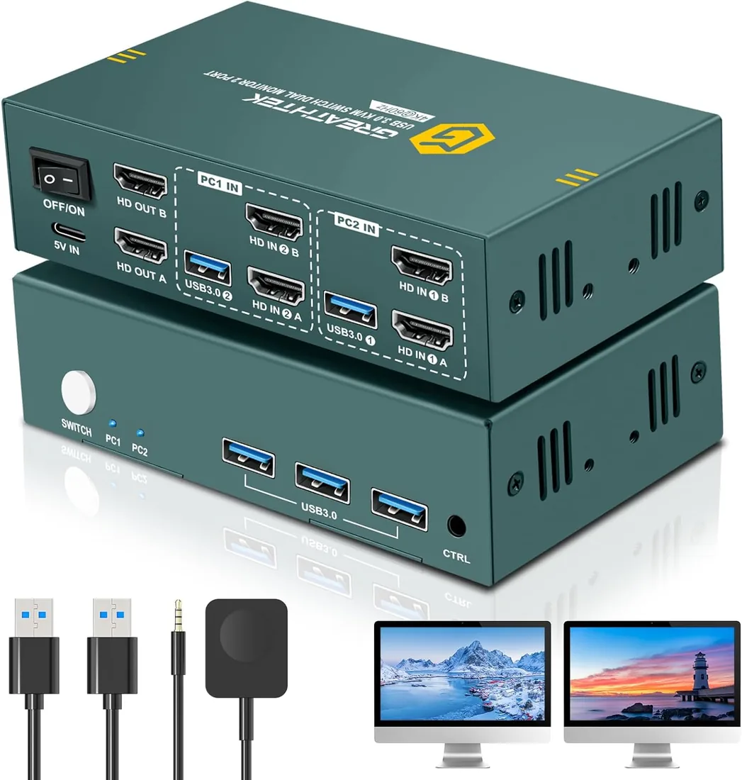 KVM Switch 2 PC 2 Monitores 4K@60Hz, Conmutador Dual Monitor USB 3.0 | Modo Extendido/Espejo, Teclado Ratón Impresora Compartidos, USB 3.0, Teletrabajo, Trading, Programación, Diseño Gráfico