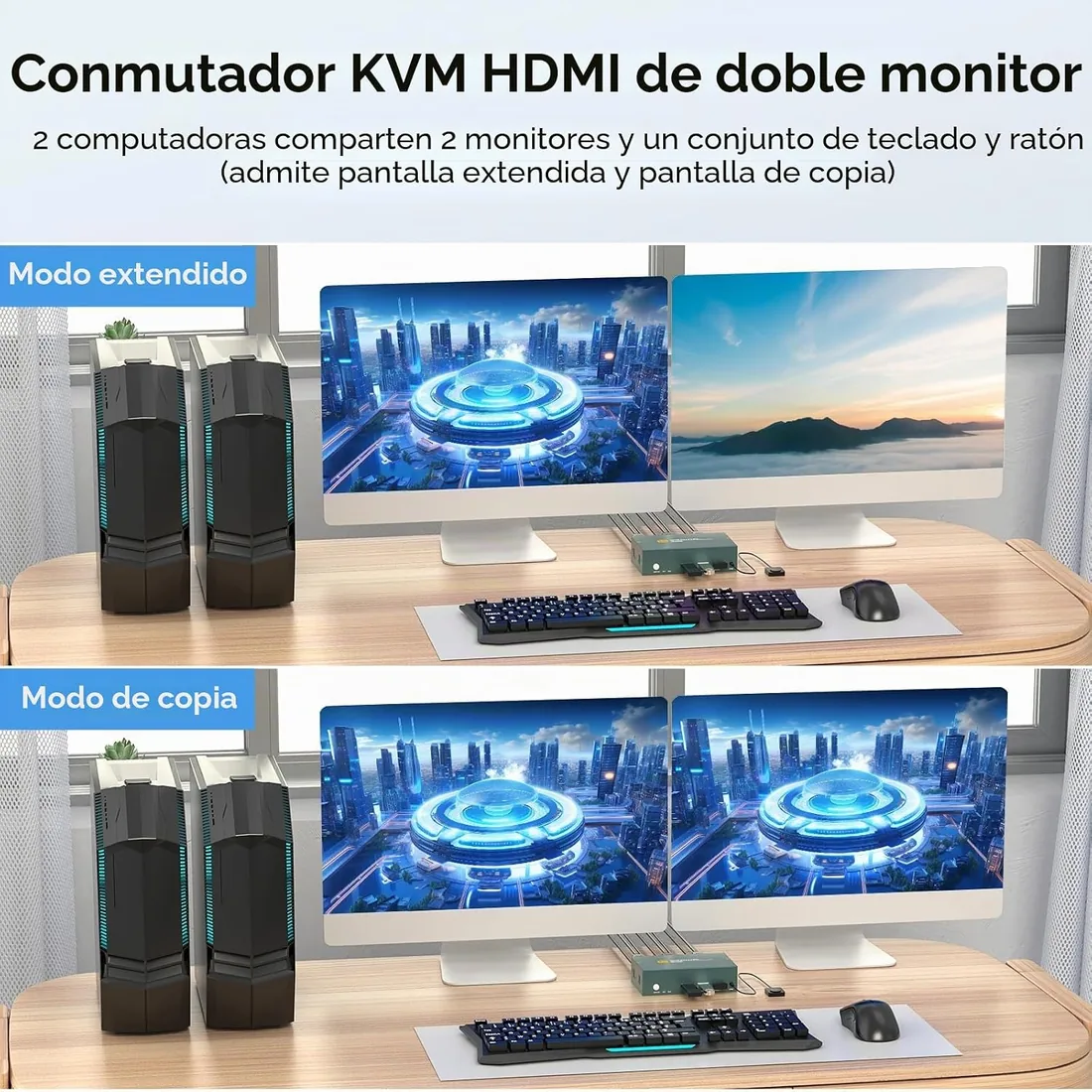 KVM Switch 2 PC 2 Monitores 4K@60Hz, Conmutador Dual Monitor USB 3.0 | Modo Extendido/Espejo, Teclado Ratón Impresora Compartidos, USB 3.0, Teletrabajo, Trading, Programación, Diseño Gráfico foto 2