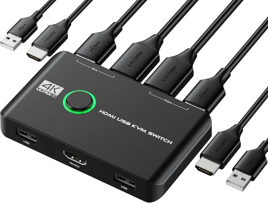 Rybozen KVM HDMI Switch, 4K @60Hz KVM Switch USB 2 PC 1 Monitor para 2 Computadoras Comparten Teclado, Mouse y un Monitor HD, Admiten 4K a 60 Hz, con 2 Cables USB y 2 Cables HDMI