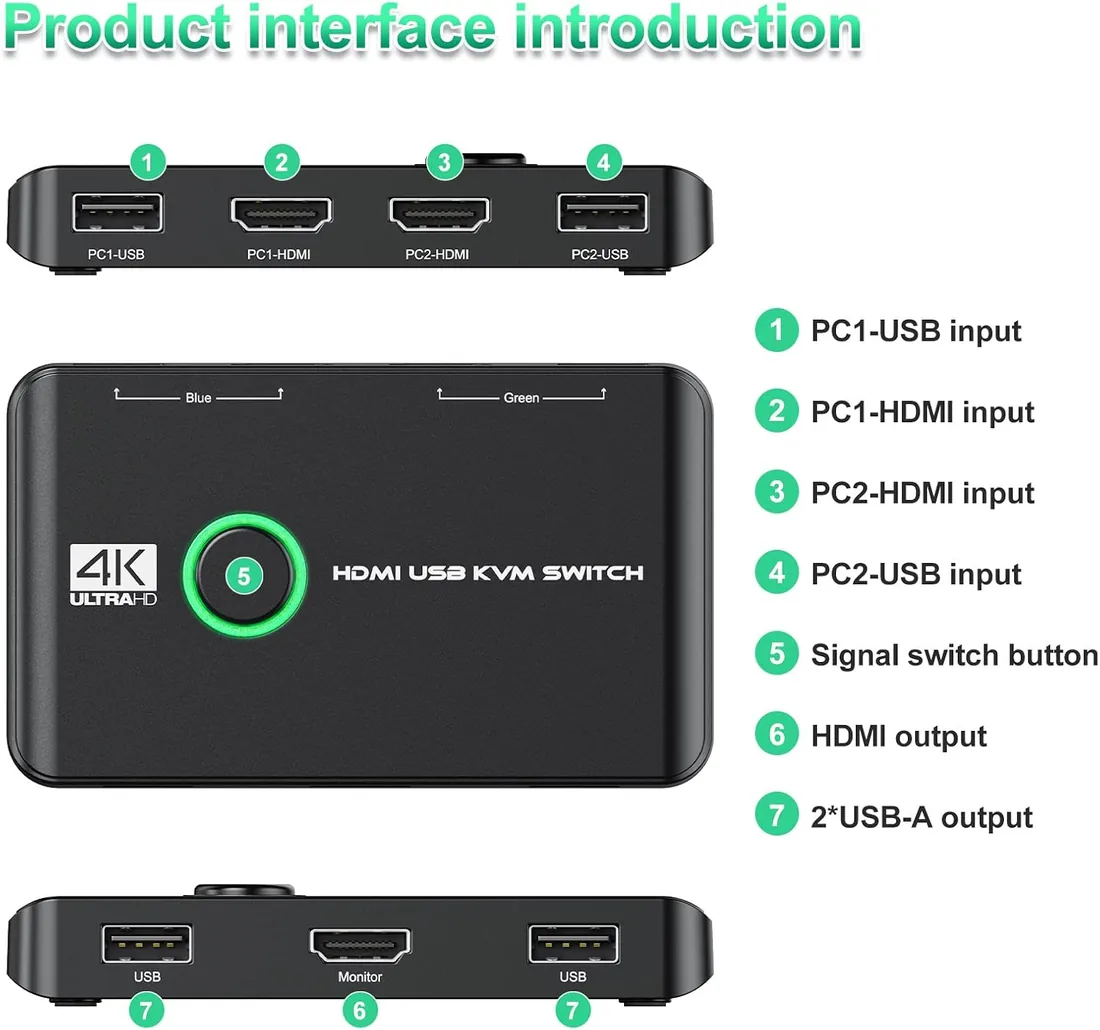 Rybozen KVM HDMI Switch, 4K @60Hz KVM Switch USB 2 PC 1 Monitor para 2 Computadoras Comparten Teclado, Mouse y un Monitor HD, Admiten 4K a 60 Hz, con 2 Cables USB y 2 Cables HDMI foto 3