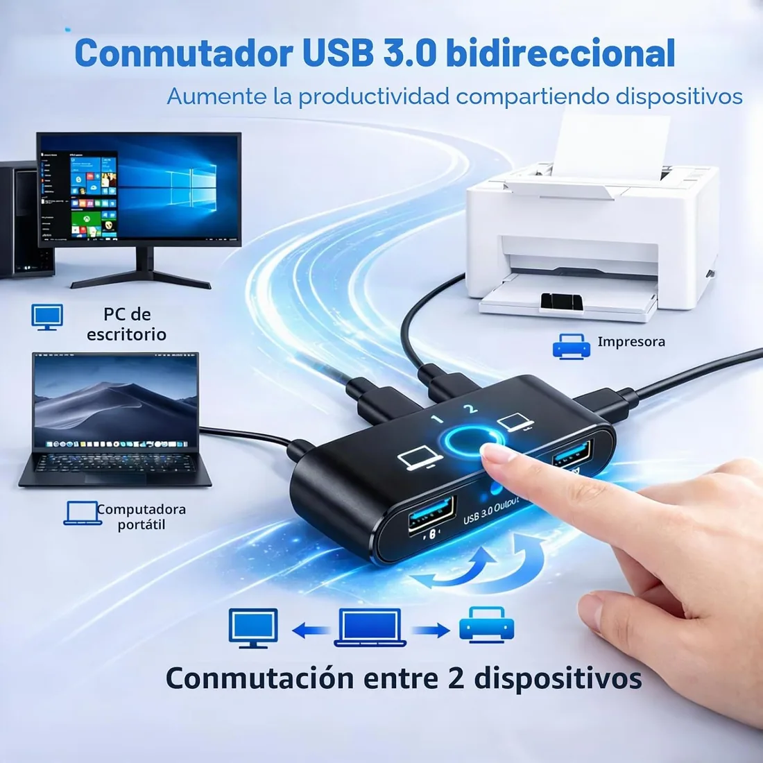 Switch USB 3.0 Bidireccional 2 en 1 1pcs, Conmutador USB 5Gbps para 2 Ordenadores, KVM USB para Teclado Ratón Impresora Escáner, Switch USB 3.0 Plug and Play con LED Compacto foto 3