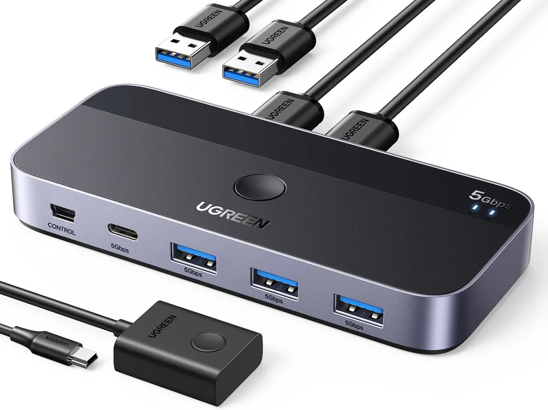 UGREEN KVM Switch USB 3.0 2 Entradas y 4 Salidas Conmutador | 2 PC Comparten 4 Dispositivos, para Teclado, Ratón, Memorias, Disco Duro, Impresoras, Escáneres, etc