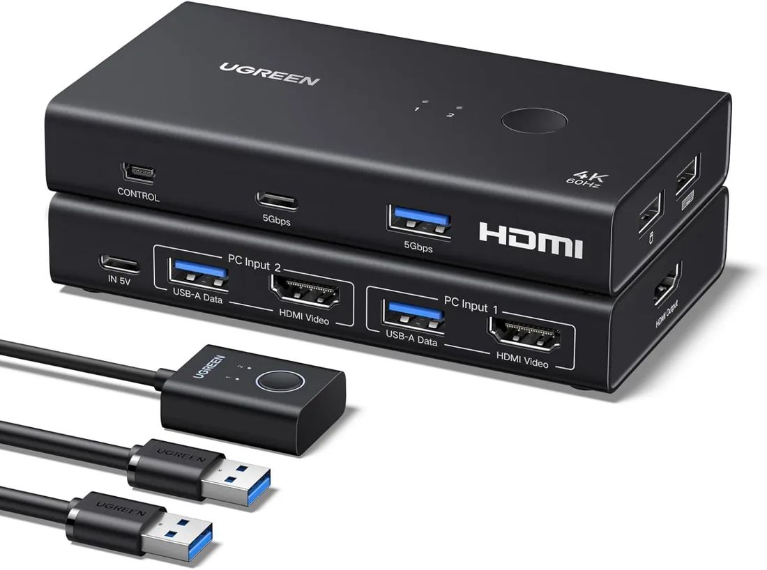 UGREEN Switch KVM HDMI 2.0 2 Entradas 1 Salidas 4K 60 Hz para 2 PC | 4 puertos USB 3.0 5Gbps para Teclado Ratón Disco Duro Controlador de Escritorio compatible con Windows Linux macOS