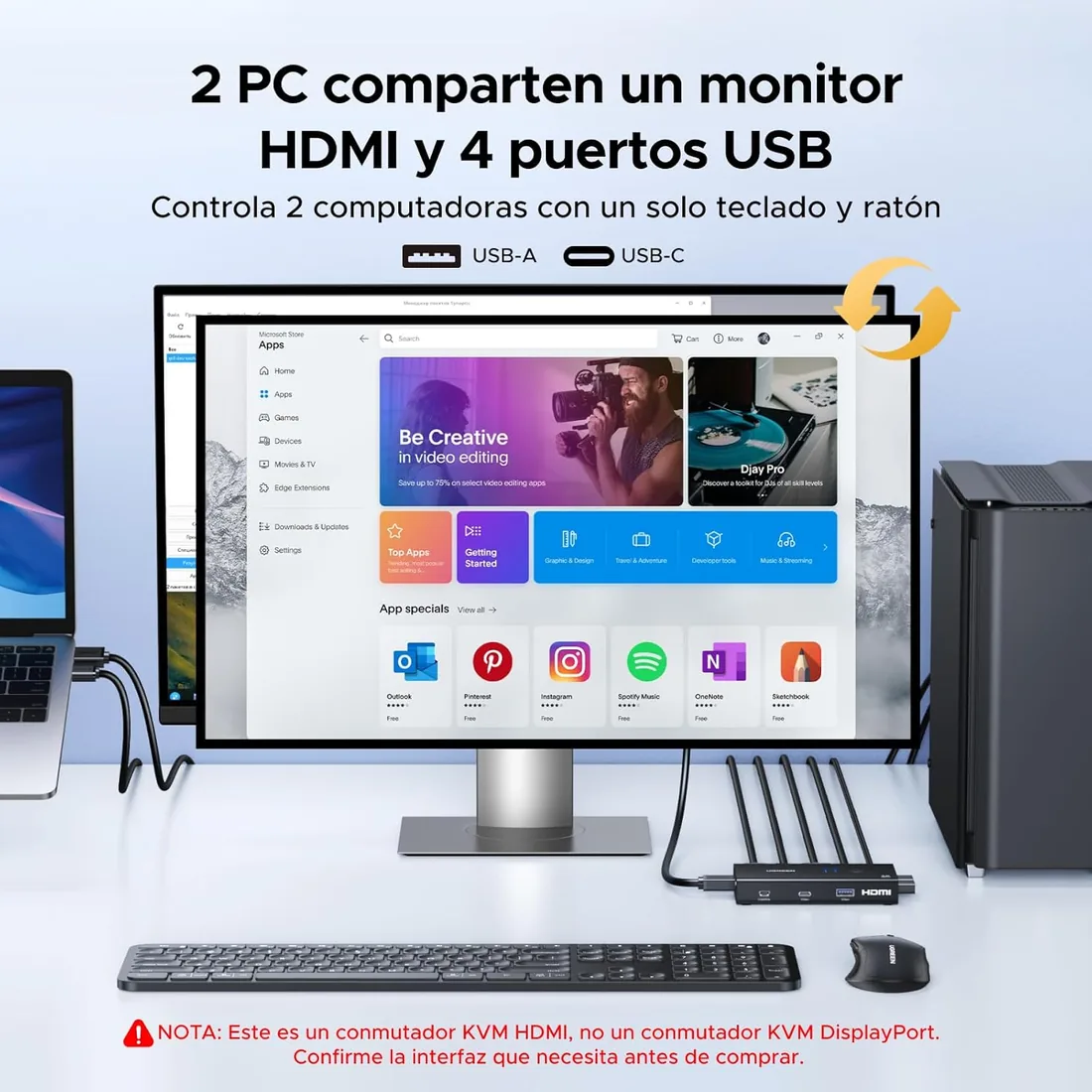 UGREEN Switch KVM HDMI 2.0 2 Entradas 1 Salidas 4K 60 Hz para 2 PC | 4 puertos USB 3.0 5Gbps para Teclado Ratón Disco Duro Controlador de Escritorio compatible con Windows Linux macOS foto 2
