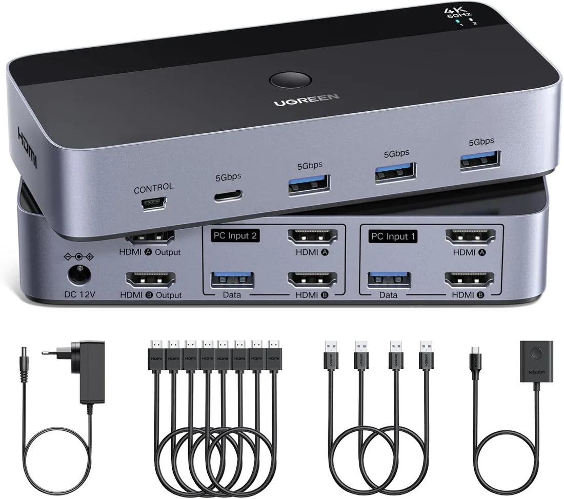 UGREEN Switch KVM HDMI 2.0 2 Entradas 2 Salidas 4K 60 Hz Conmutador 2 PC | 4 Puertos USB 5 Gbps para Teclado Ratón Disco Duro Controlador de Escritorio Compatible con Windows Linux macOS