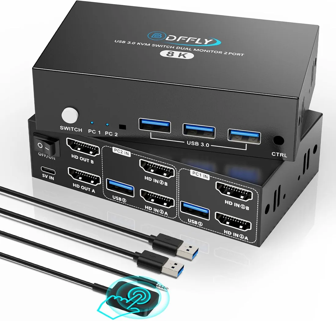 USB 3.0 KVM Switch 2 Monitores HDMI 8K@60Hz,4K@120Hz, Dual Monitor KVM Switch para 2 PC Comparte 2 Monitores y 4 Dispositivos USB3.0. Control Remoto con Cable y 3 Cables Incluidos