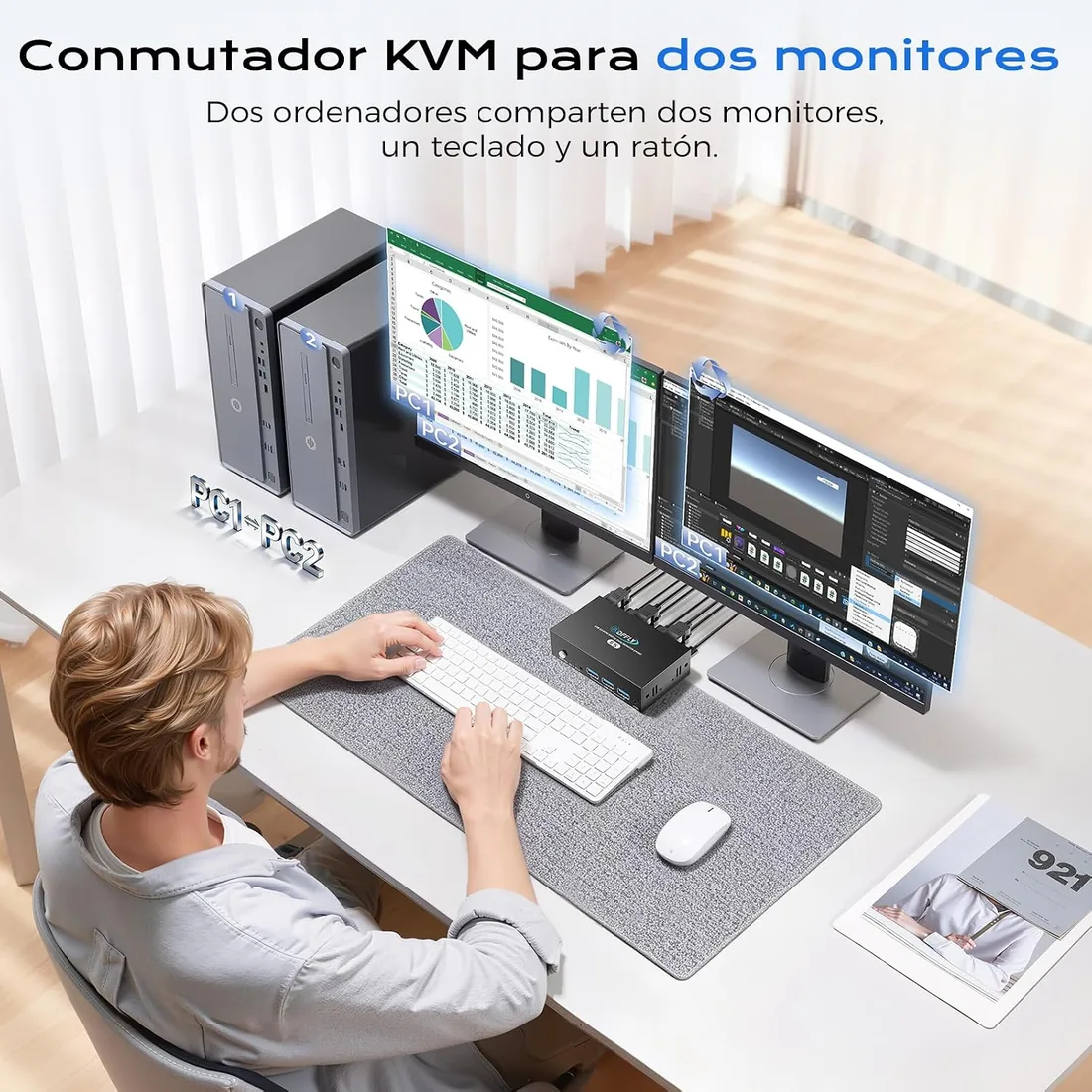 USB 3.0 KVM Switch 2 Monitores HDMI 8K@60Hz,4K@120Hz, Dual Monitor KVM Switch para 2 PC Comparte 2 Monitores y 4 Dispositivos USB3.0. Control Remoto con Cable y 3 Cables Incluidos foto 3