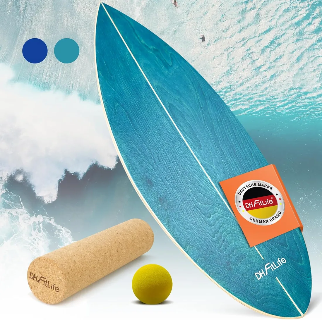 DH FitLife Tabla de Equilibrio de Madera, Balance Board con Rodillo y Bola | Rocker Shape｜Madera de abedul｜Hasta 150 kg｜Core y coordinación｜Uso interior