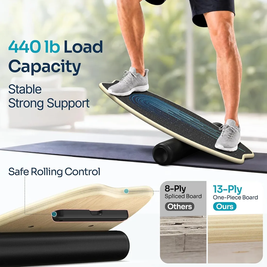 Sportneer - Tabla de equilibrio de madera, monopatín de interior y tabla de equilibrio para niños y adultos foto 3