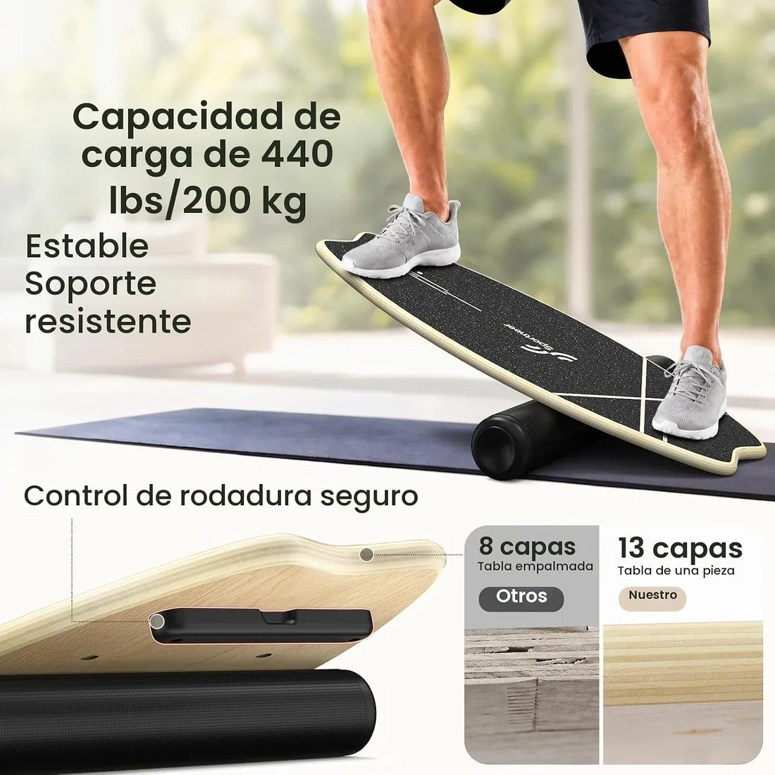 Sportneer - Tabla de equilibrio de madera, monopatín de interior y tabla de equilibrio para niños y adultos foto 3