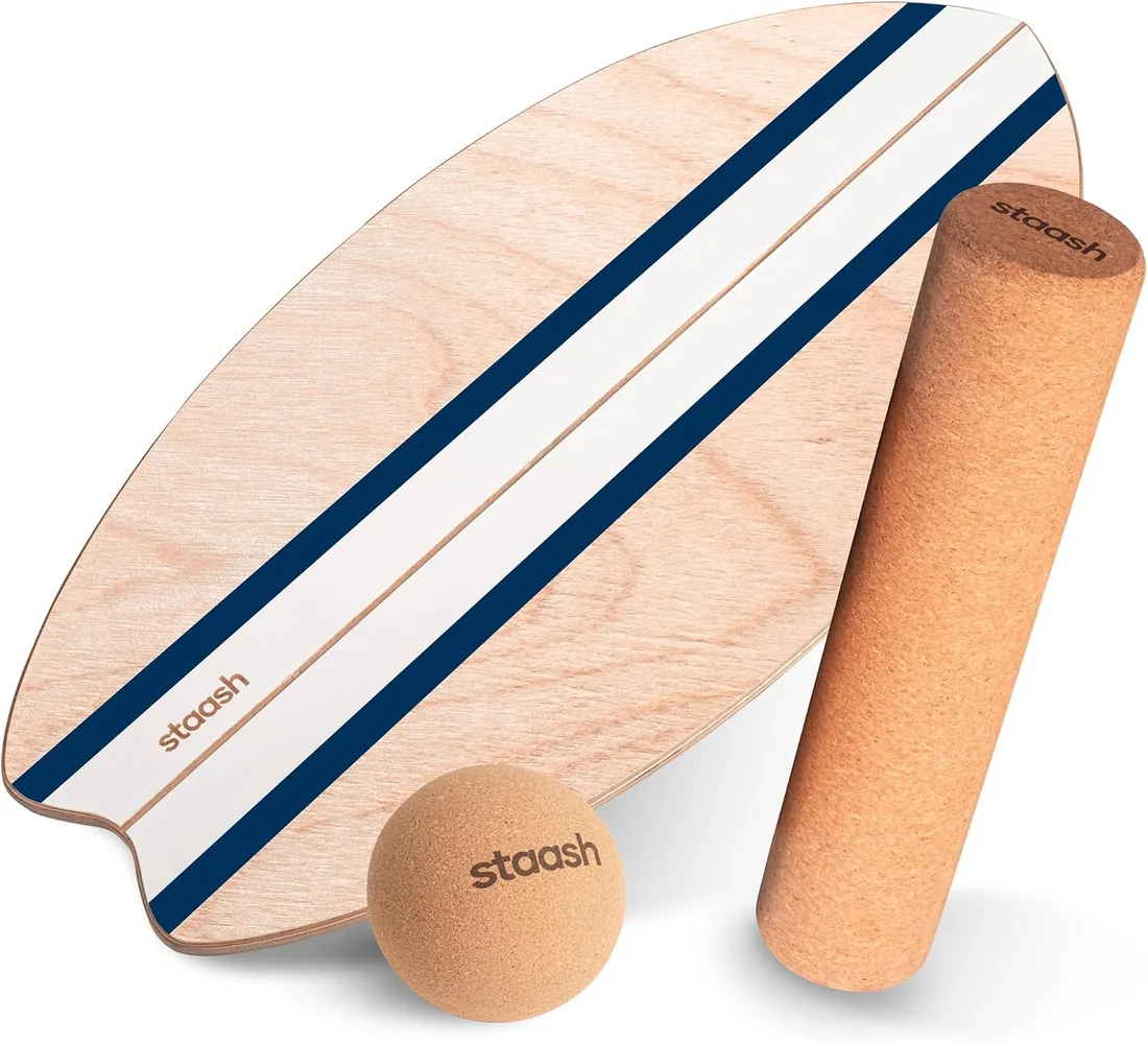 STAASH Balance Board – Tabla de Equilibrio Principiante, Rodillo y Pelota | Kit 3 piezas: tabla de equilibrio de madera antideslizante, rodillo y pelota · ideal para empezar · yoga, fitness, surf