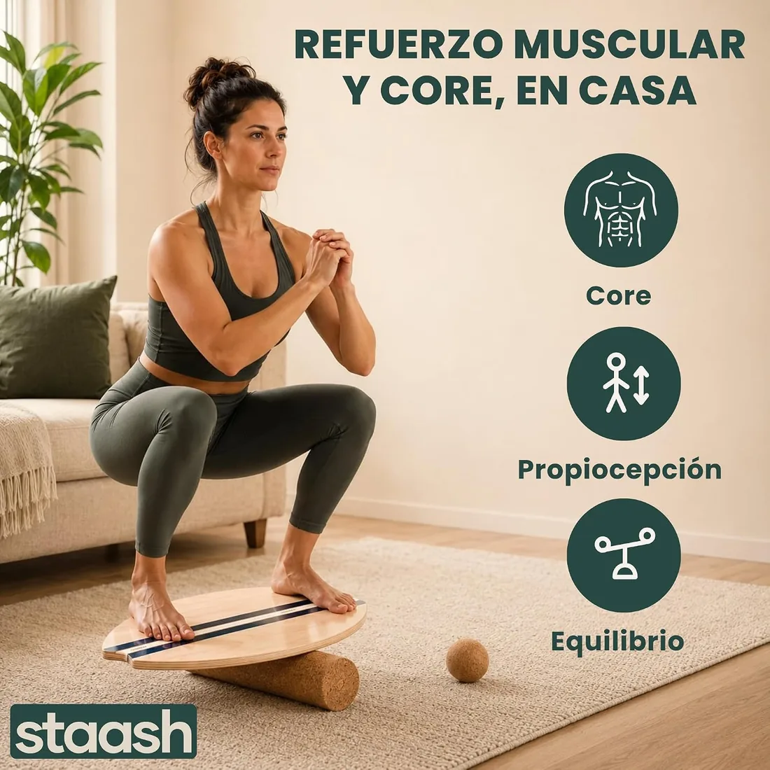 STAASH Balance Board – Tabla de Equilibrio Principiante, Rodillo y Pelota | Kit 3 piezas: tabla de equilibrio de madera antideslizante, rodillo y pelota · ideal para empezar · yoga, fitness, surf foto 3