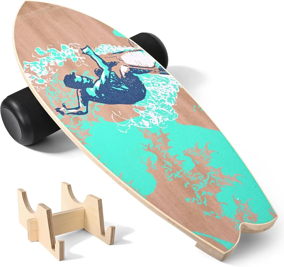 Tabla de equilibrio de surf para adultos, tabla de surf de interior con forma de rockero, tabla de equilibrio de madera, superficie antideslizante, incluye tabla de equilibrio y rodillo