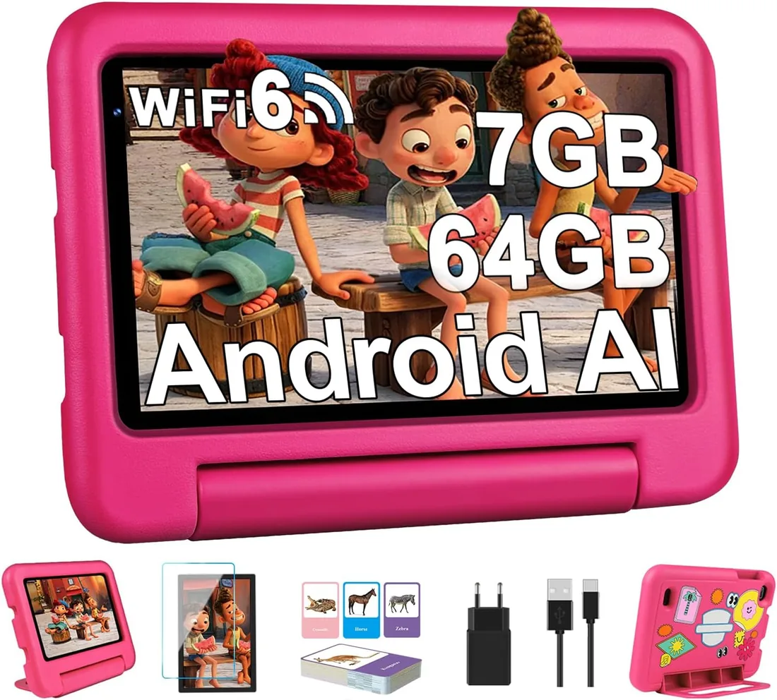 2026 Tablet Niños 7 Pulgadas Android, 7GB RAM+64GB ROM(TF 1TB), WiFi6, Bluetooth5.0, 8-Core, Batería 3500mAh, Control Parental, Dual Cámara, Certificación GMS, Tabletas Para Niños Con Funda EVA - Rosa