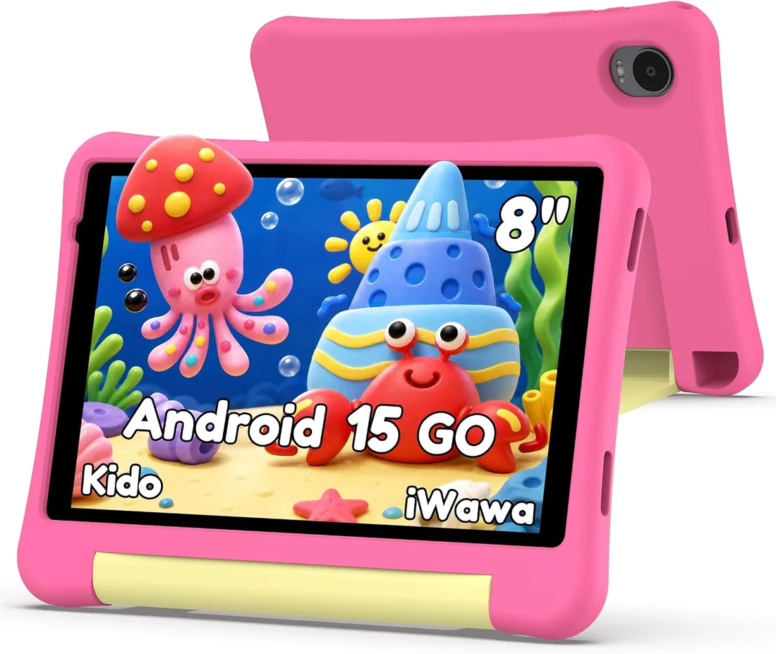 Tablet para Niños 8 Pulgadas,Android 15 Go,7GB RAM+32GB ROM,5000mAh,Rosa | Tablet Niños con Control Parental y iWAWA,1280*800,512GB TF,WiFi 5, BT 5.0,Compatible YouTube Kids,Pantalla IPS,Fácil de usar
