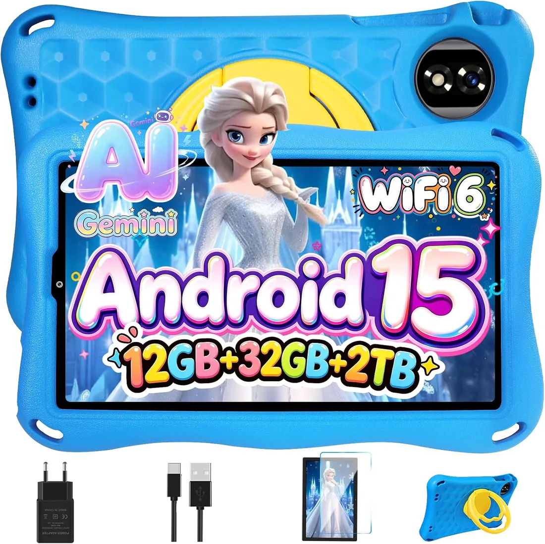 Tablet Para Niños 9 Pulgadas Android 15 Gemini AI, 12GB RAM+32GB ROM(TF 1TB),Octa-Core, 5G WiFi 6, GMS Certified, BT 5.0, 8+5MP, 5000mAh,Widevine L1,BT5.0,Control Parental Tablet con EVA Funda-Azul