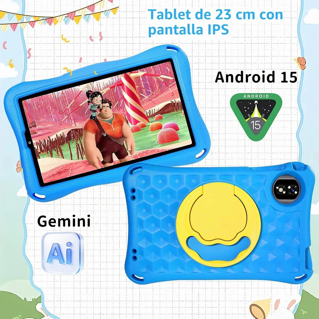 Tablet Para Niños 9 Pulgadas Android 15 Gemini AI, 12GB RAM+32GB ROM(TF 1TB),Octa-Core, 5G WiFi 6, GMS Certified, BT 5.0, 8+5MP, 5000mAh,Widevine L1,BT5.0,Control Parental Tablet con EVA Funda-Azul foto 2