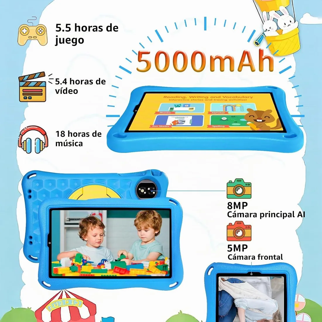 Tablet Para Niños 9 Pulgadas Android 15 Gemini AI, 12GB RAM+32GB ROM(TF 1TB),Octa-Core, 5G WiFi 6, GMS Certified, BT 5.0, 8+5MP, 5000mAh,Widevine L1,BT5.0,Control Parental Tablet con EVA Funda-Azul foto 3