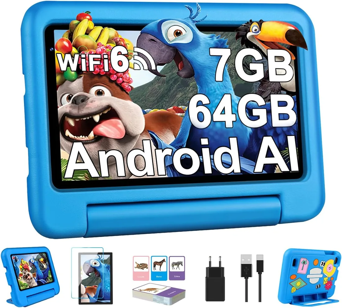 2026 Tablet Niños 7 Pulgadas Android, 7GB RAM+64GB ROM(TF 1TB), WiFi6, Bluetooth5.0, 8-Core, Batería 3500mAh, Control Parental, Dual Cámara, Certificación GMS, Tabletas Para Niños Con Funda EVA - Azul foto 2