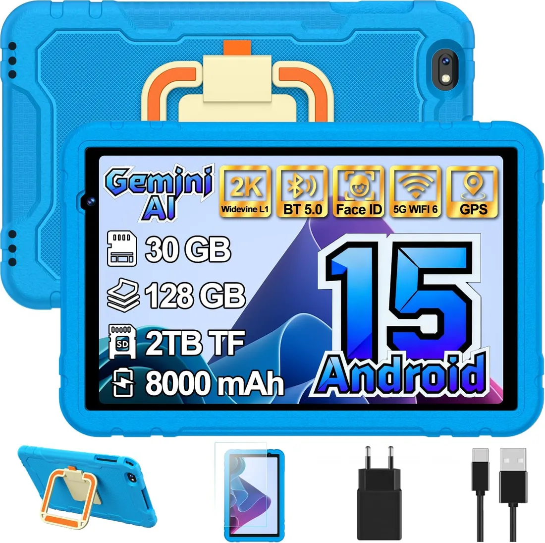 Tablet para Niños 10 Pulgadas Android 15, 30GB+TF 2TB con Gemini AI - Azul | Tablet Infantil con Control Parental, Protective Antichoque Eva + Soporte giratorio de 360°, Octa-Core, Widevine L1, 8000mAh foto 2
