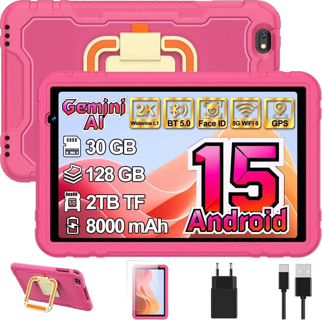 Tablet para Niños 10 Pulgadas Android 15, 30GB+TF 2TB con Gemini AI - Rosa | Tablet Infantil con Control Parental, Protective Antichoque Eva + Soporte giratorio de 360°, Octa-Core, Widevine L1, 8000mAh foto 3