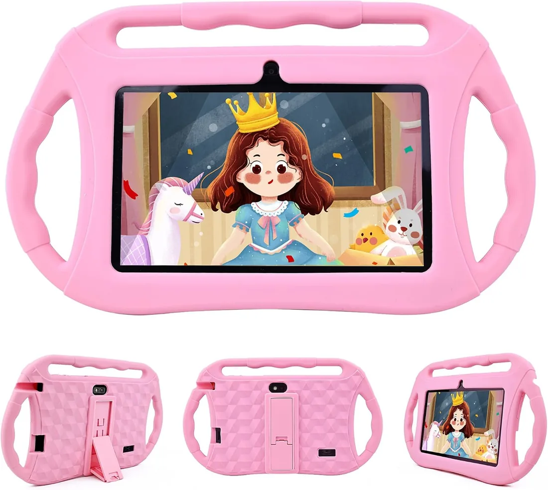 Veidoo Android Tablet para niños, 7 Pulgadas HD Tablet Infantil, 2GB RAM 32GB ROM, WiFi, Cámara Dual con Estuche, Control Parental, Juegos Educativos, Protección para Los Ojos(Rosa)