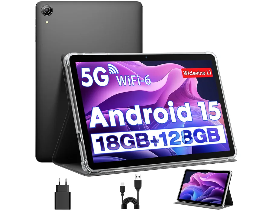 Tablet 10 Pulgadas, Tableta Android 15 con Funda, Unisoc T30 Quad-Core, 18 GB RAM + 128 GB ROM + 1 TB TF, Pantalla HD IPS 1280x800, Cámara Dual 5MP + 8MP, 6000 mAh, WiFi 6, BT 5.0,