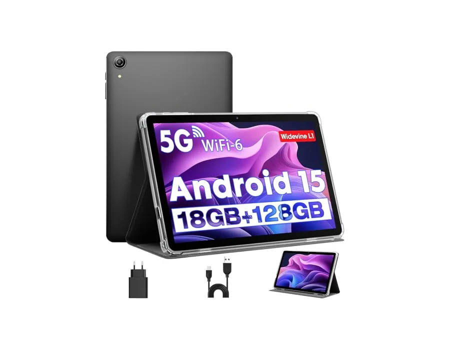 Tablet 10 Pulgadas, Tableta Android 15 con Funda, Unisoc T30 Quad-Core, 18 GB RAM + 128 GB ROM + 1 TB TF, Pantalla HD IPS 1280x800, Cámara Dual 5MP + 8MP, 6000 mAh, WiFi 6, BT 5.0, foto 2