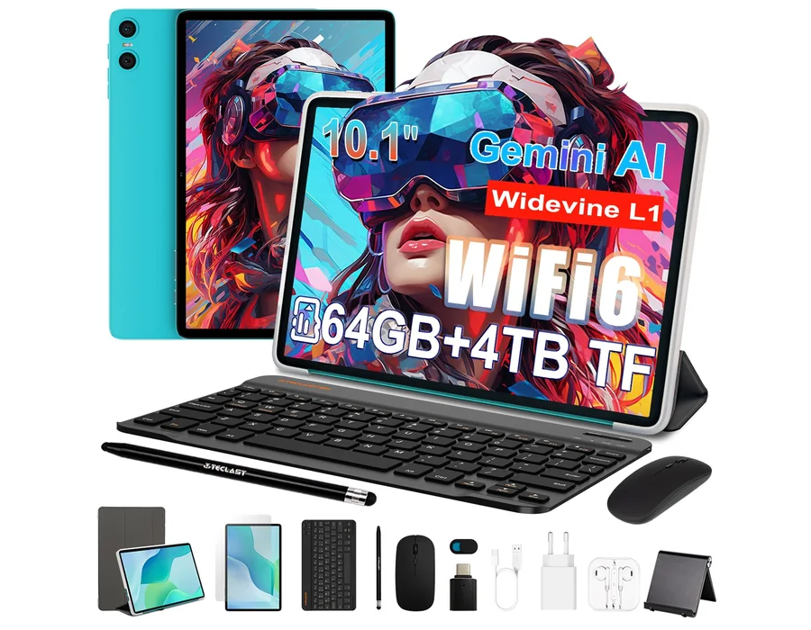 TECLAST P33 Tablet 10 Pulgadas Gemini AI, Android Tableta con 10 Accesorios, 64GB+4TB TF, 2GHz Octa-Core, Widevine L1, WiFi 6, 6000mAh/BT5.4/OTG, Tablet con Teclado+Lápiz+Funda+Rat