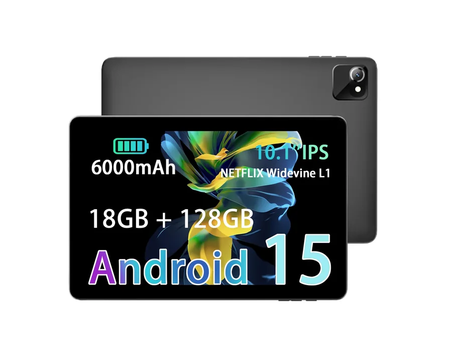 Tablet Android 15 de 10,1 Pulgadas con Cargador, 18GB RAM 128GB ROM, Octa-Core T30, Ampliable hasta 1TB, Face ID, WiFi 2.4/5G, Batería 6000mAh, GPS, Cámara Dual, GMS, Gris