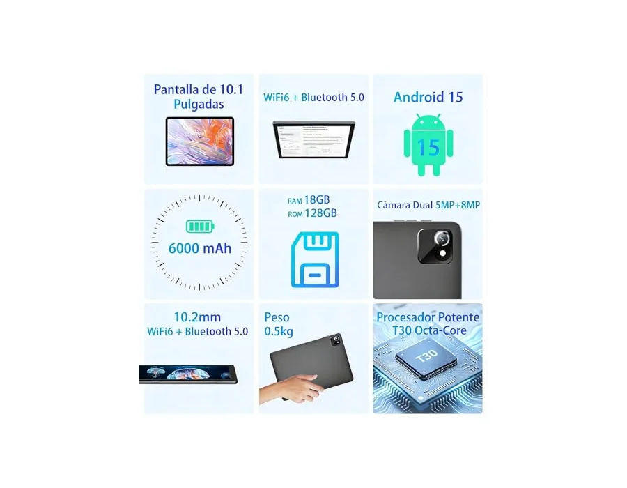 Tablet Android 15 de 10,1 Pulgadas con Cargador, 18GB RAM 128GB ROM, Octa-Core T30, Ampliable hasta 1TB, Face ID, WiFi 2.4/5G, Batería 6000mAh, GPS, Cámara Dual, GMS, Gris foto 3