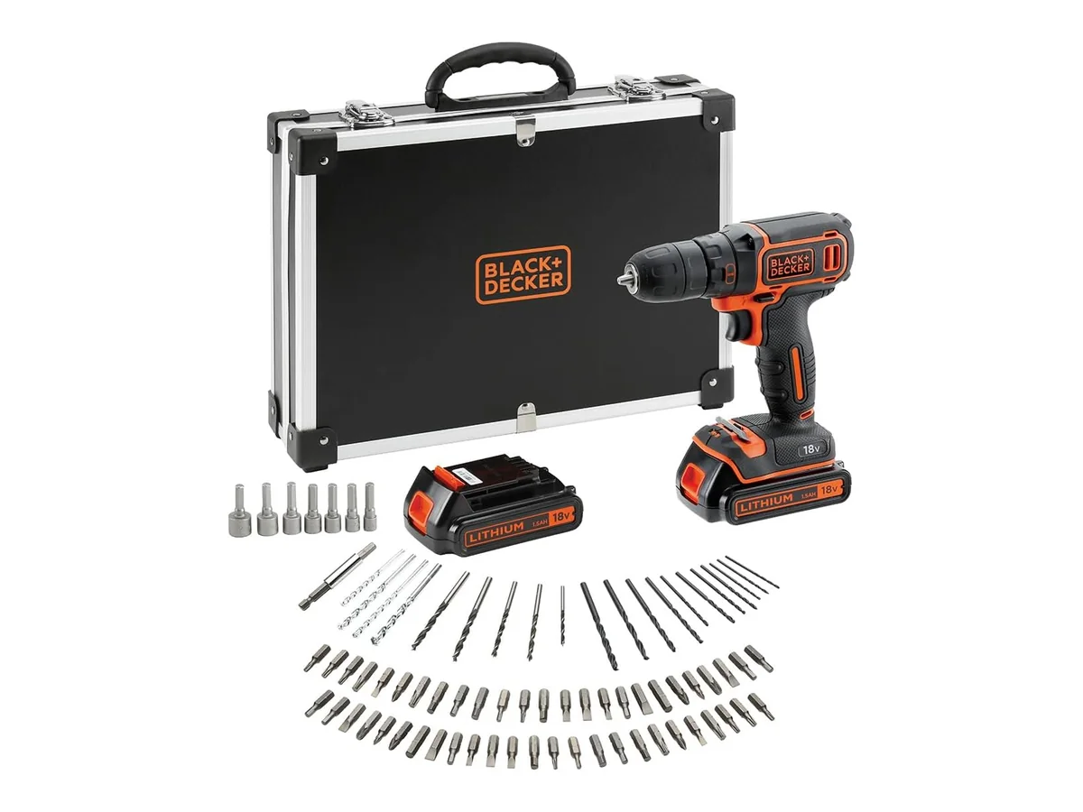 BLACK+DECKER Kit de taladro atornillador INALÁMBRICA de 18V con 2 baterías de 1,5Ah, cargador rápido,…