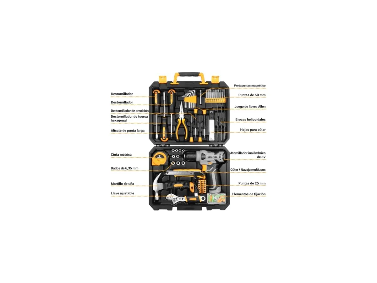 DEKO Caja Herramientas Completa con Destornillador Electrico/Taladro con bateria de 8V, Maletin de 126… foto 3