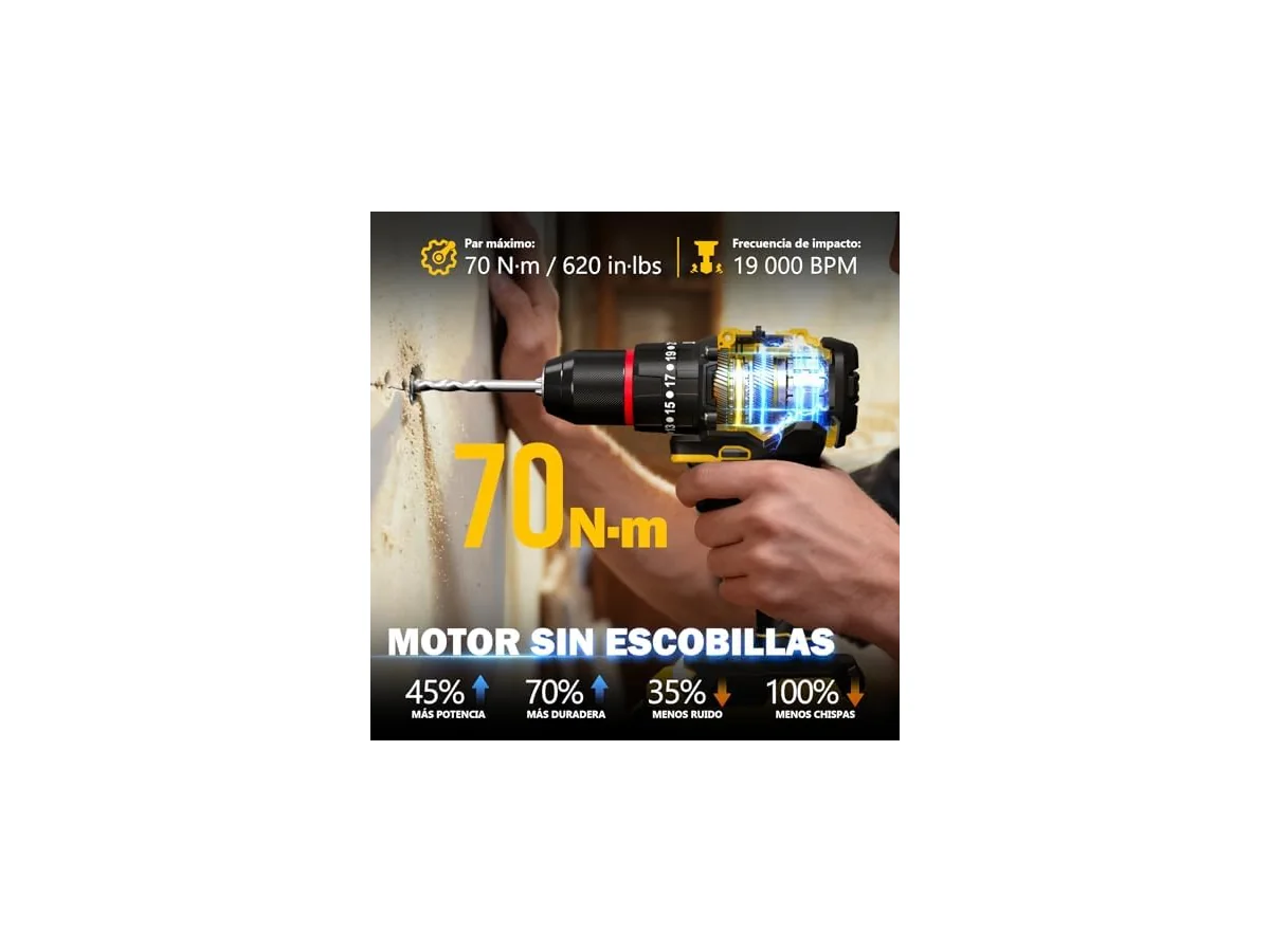 Sundpey Taladro Percutor a Bateria 70Nm - 21V Sin Escobillas Taladro Atornillador con 2 Baterías 2.0Ah,… foto 3