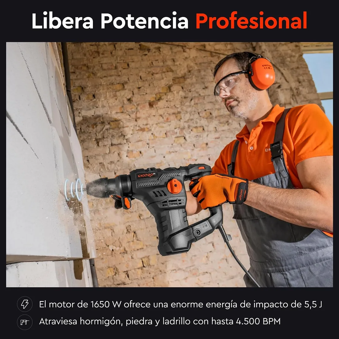 BH-20 Martillo Percutor Perforador SDS Plus 1650W 5,5J 4 Modos | Martillo demoledor y taladro percutor con cable | 4 modos, velocidad variable, embrague R-Control | Hormigón Ø36 mm foto 2