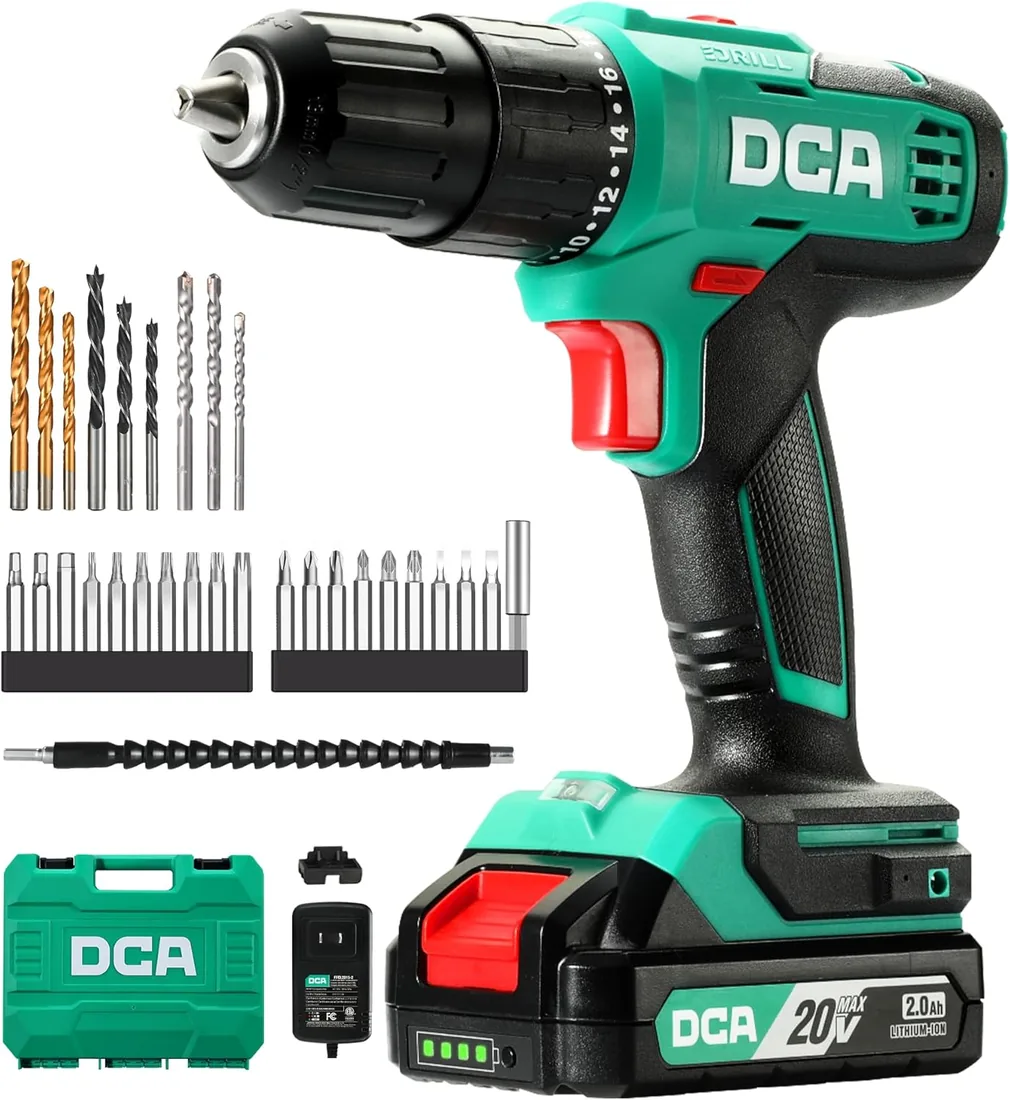 DCA Taladro percutor inalámbrico 20V, 40 Nm, portabrocas automático de 13 mm, 22500 IPM, 2 velocidades, 18+1+1, taladro de impacto con 14 brocas/destornilladores para ladrillo, metal y madera foto 2