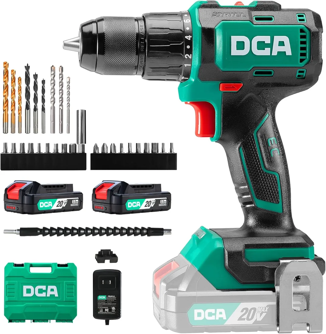 DCA Taladro Percutor Inalámbrico Sin Escobillas 20V, 55Nm ADJZ2055i | Mandril Todo Metal de 13mm, 18+2 Configuraciones de Par (0-450/1800RPM), Diseño Compacto con 2*2.0Ah y Cargador